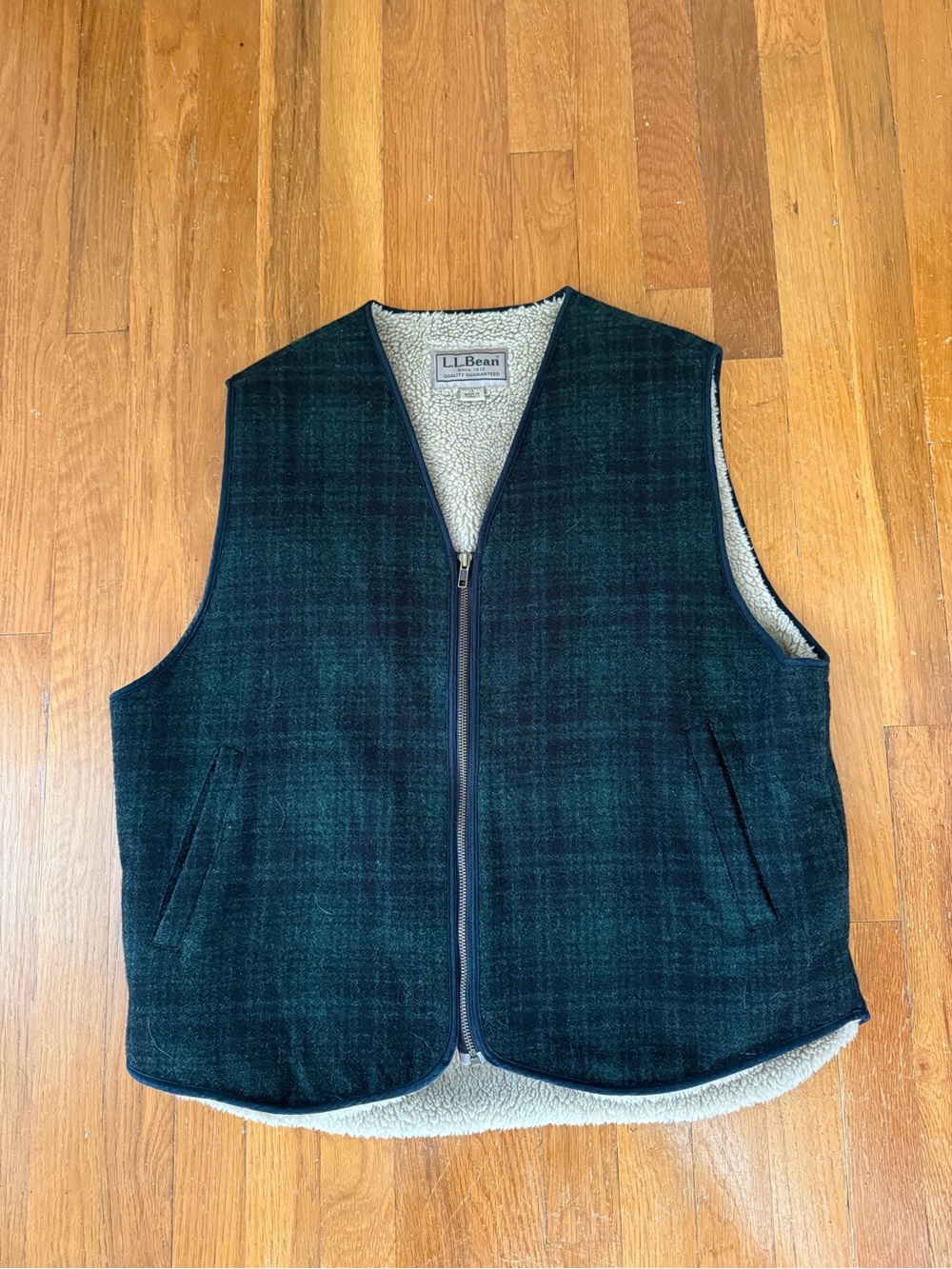 L.L. Bean Green Plaid Sherpa-Lined Zip Vest